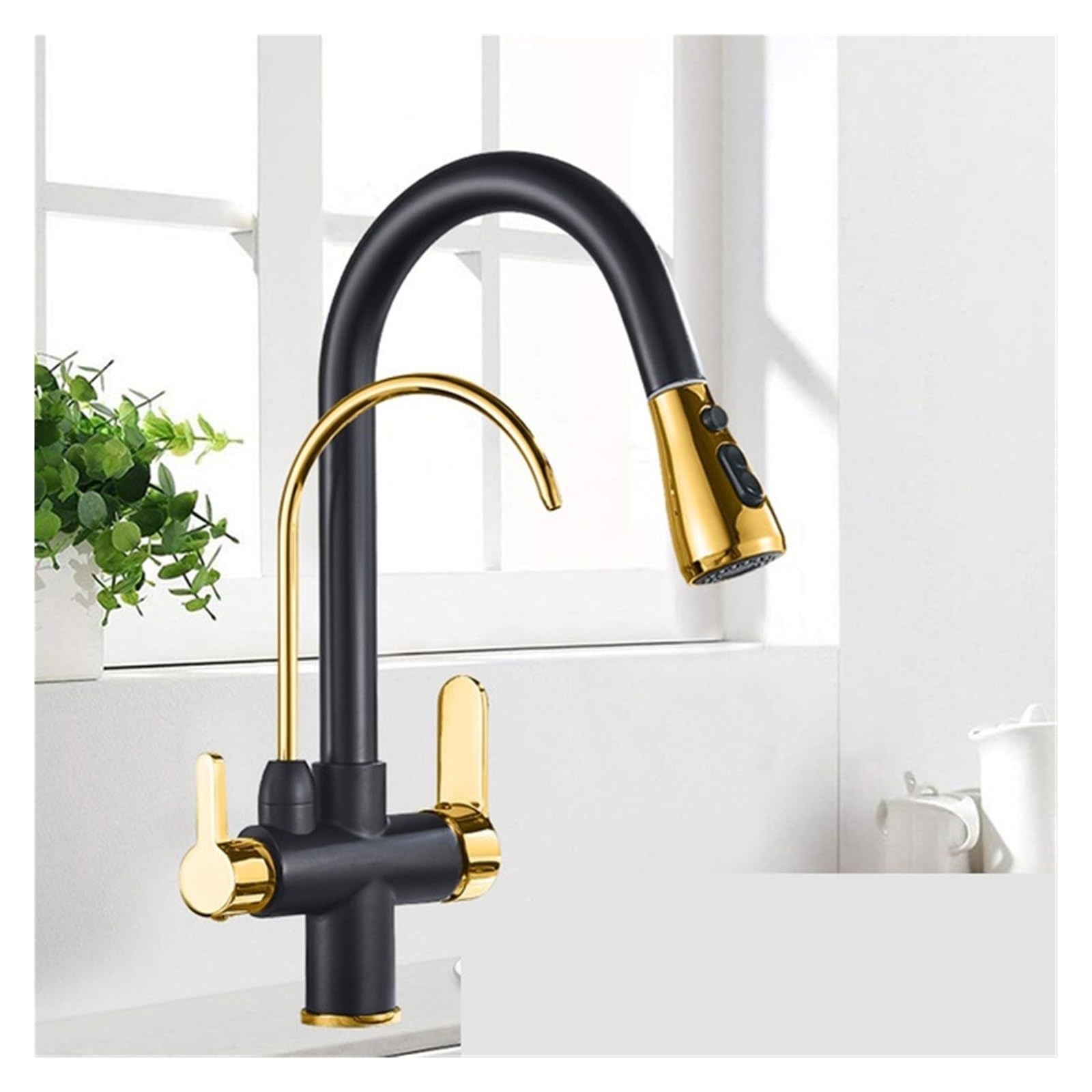 Zqfhsx Black And Golden B Filtered Water Kitchen Faucet 2 In 1 Antique Brass Pull Out Spout Purifier Crane Way Swivel Mixing Faucet(Antique A)