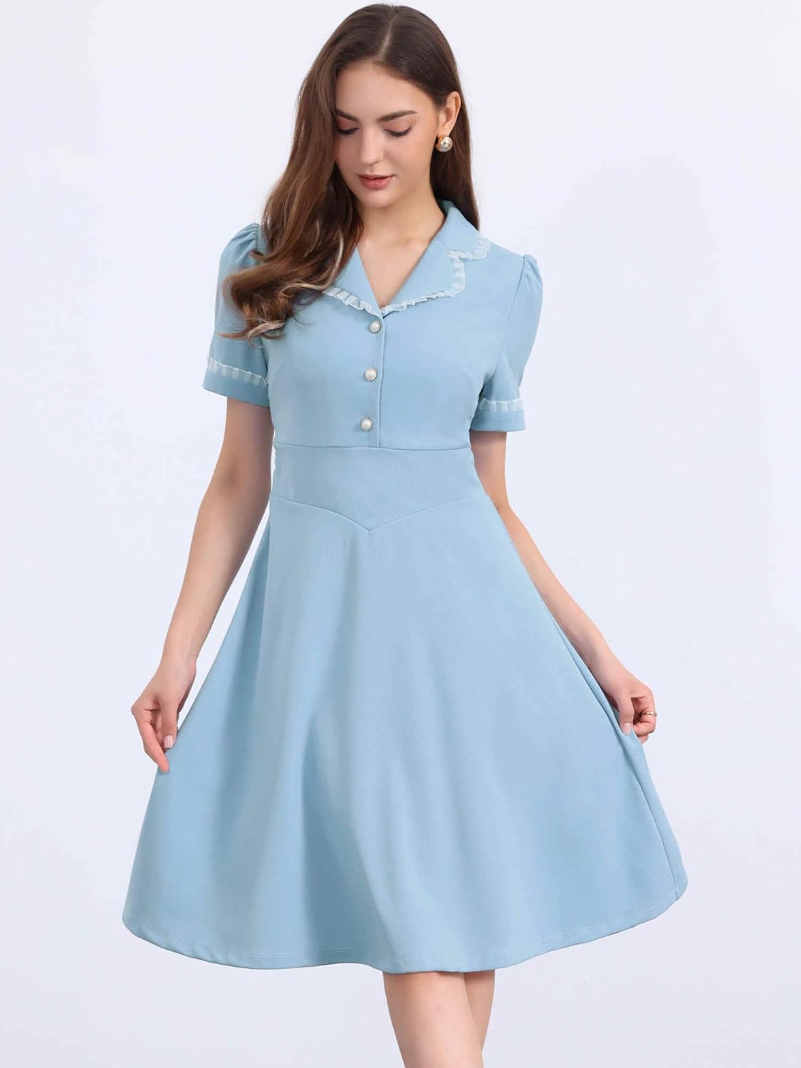 Allegra K Peter Pan Collar Dress for Women's Work Puff Sleeve Vintage Dresses