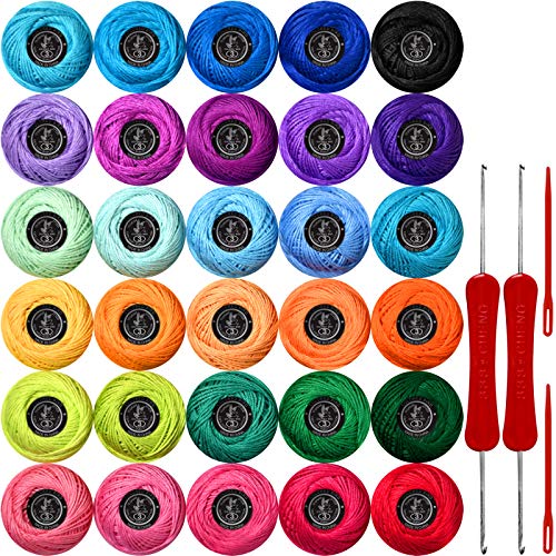 COLORED BIRD Size 3 Crochet Thread Kit Cotton Threads Balls kit 30 Popular Rainbow Colors with Free Set of 2 Crochet Hooks and 2pcs Knitting Needles for Beginners and Experienced Crochet Enthusiast