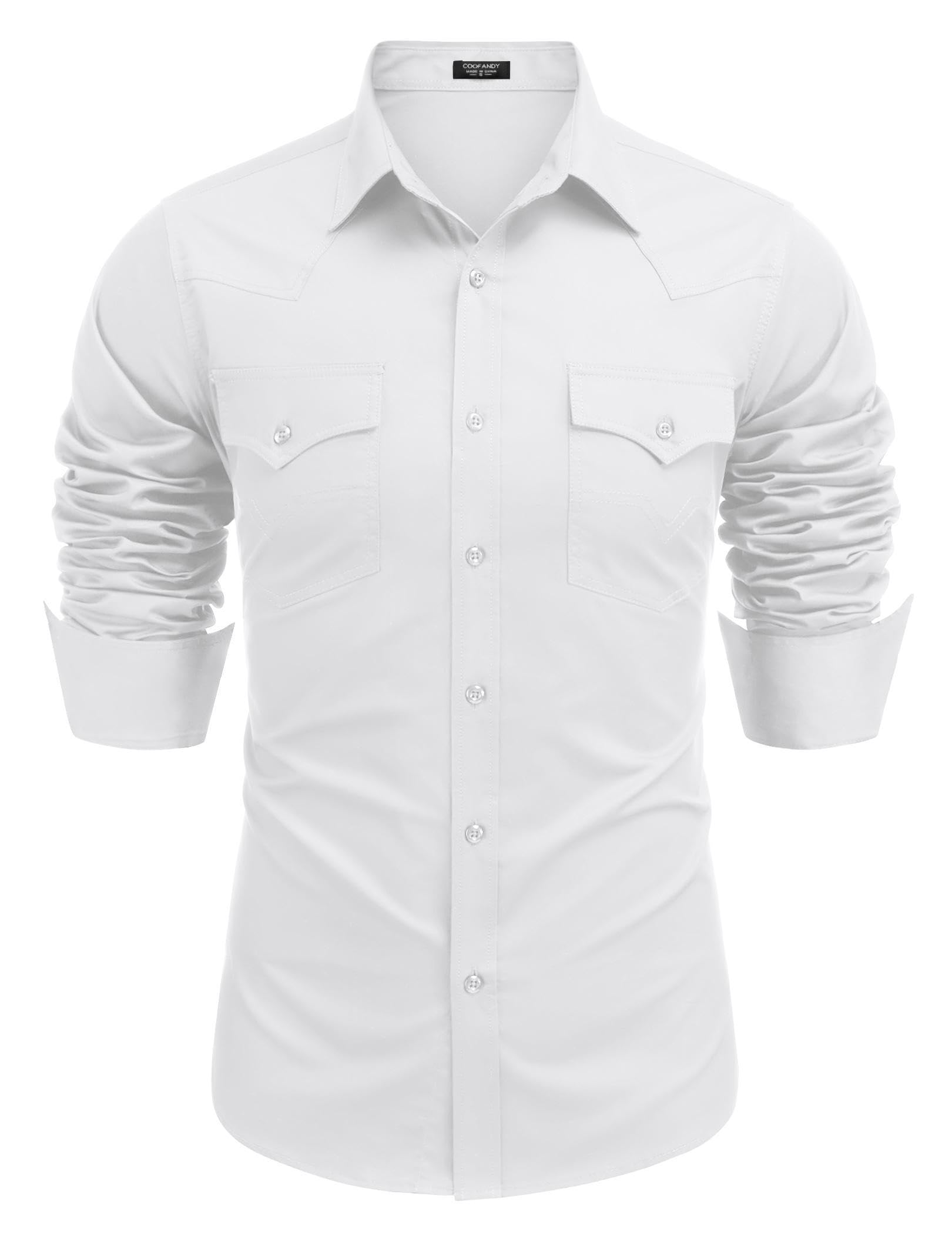 Coofandy Men's Western Cowboy Shirts Long Sleeve Cotton Casual Button Down Work Shirt with Pockets, Solid White, Medium
