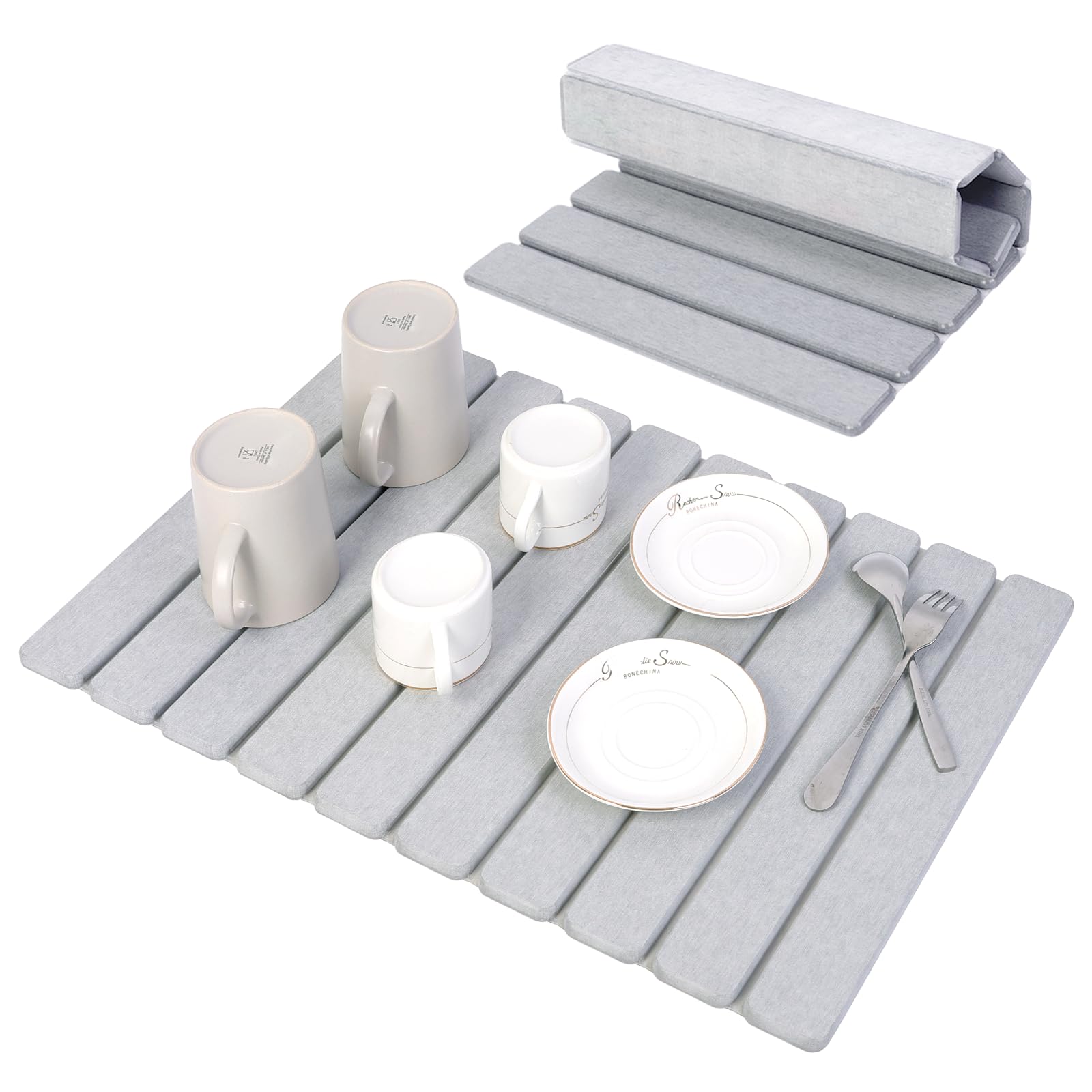 BoxedHome Große Stein-Abtropfmatten für Küchentheke, 60x40cm Wasserabsorbierende Kieselgur Matte Küche, Abtropfmatte Geschirr, Faltbare Spülbeckenmatte Abtropfmatte (Hellgrau)