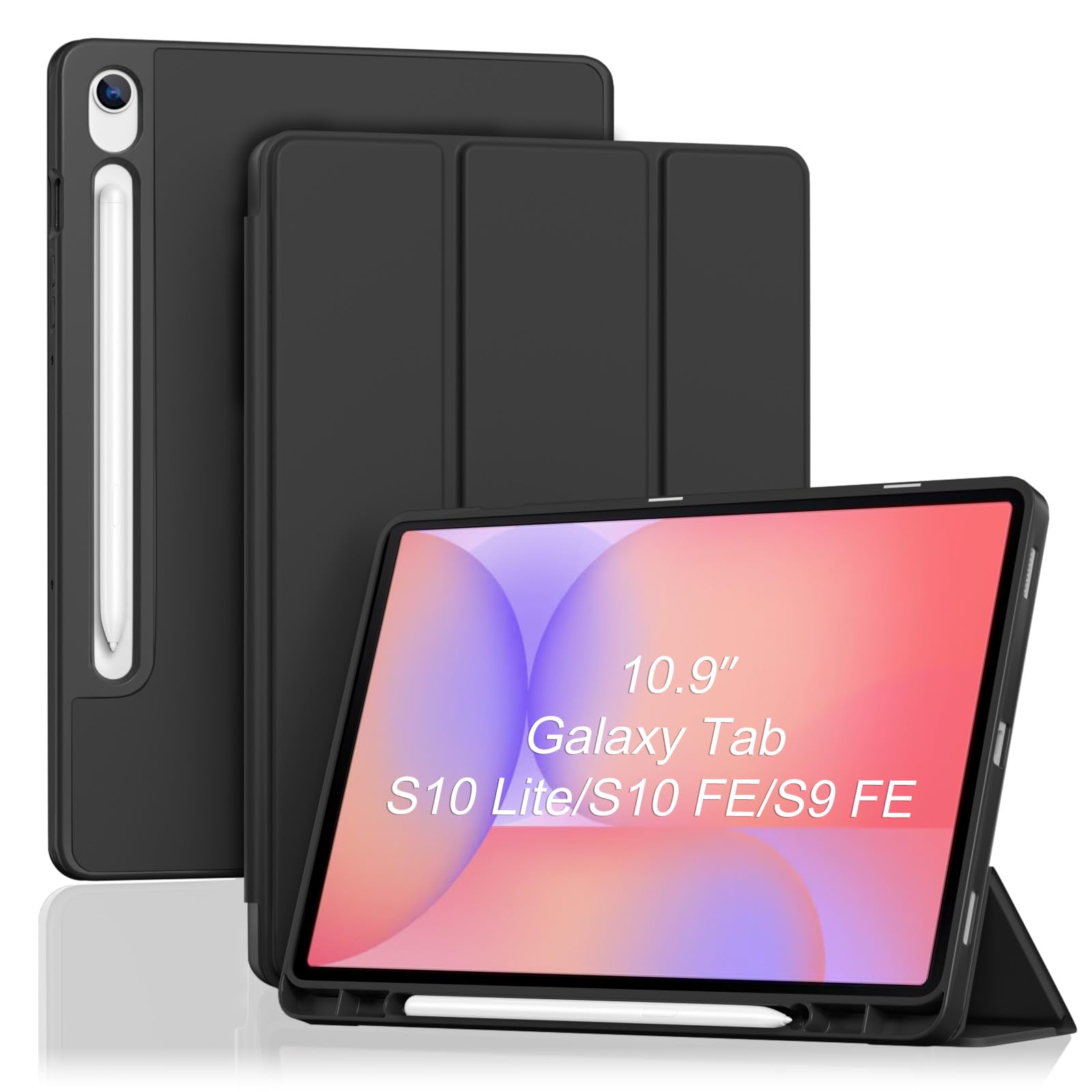 ProCase Smart Case for 10.9 Inch Galaxy Tab S10 Lite 2025/ S10 FE/ S9 FE with S Pen Holder, 10.9" Trifold Stand Folio Cover with Soft TPU Back -Black