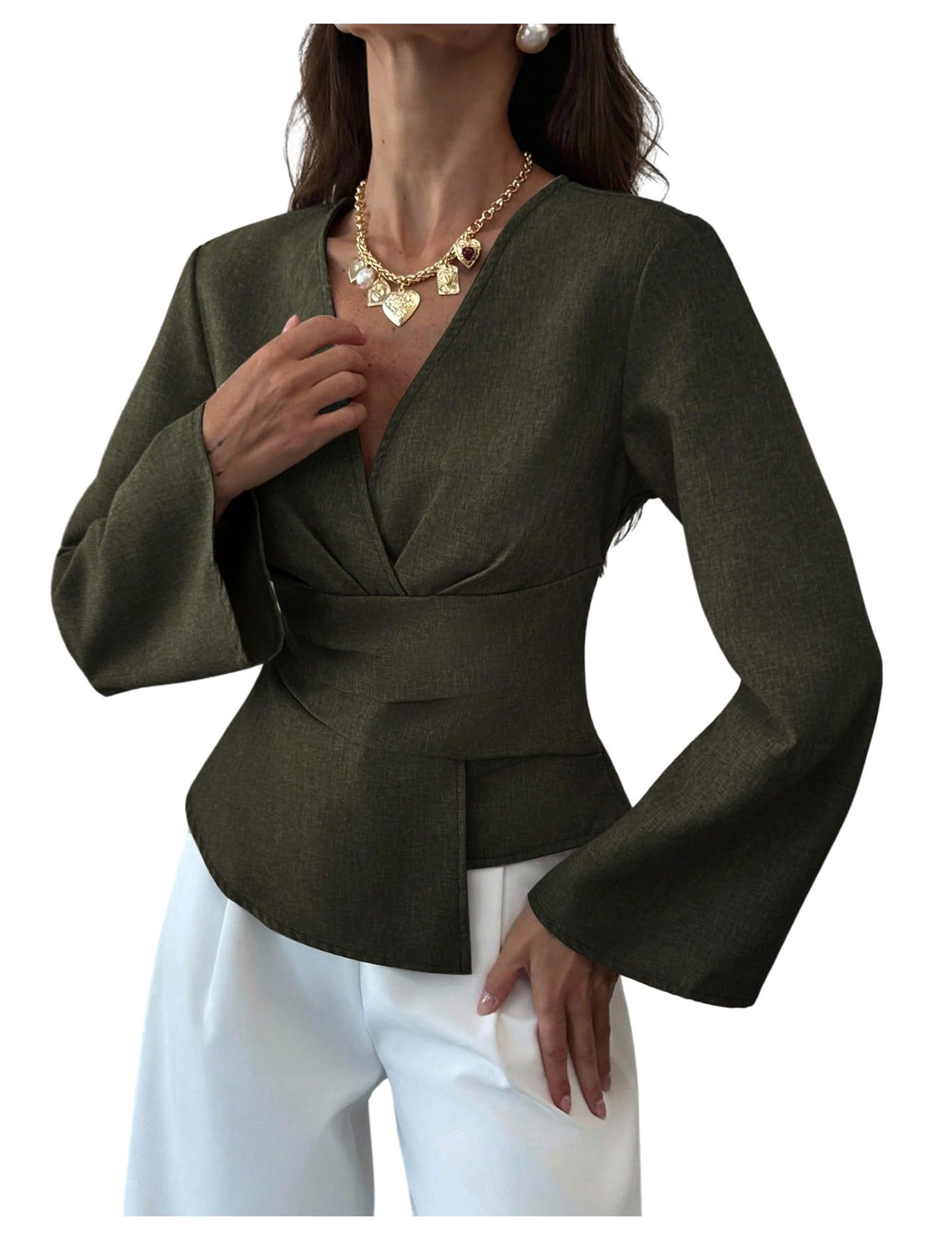 MakeMeChic Womens Wrap V Neck Blouse Bell Sleeve Pleated Business Dressy Tops