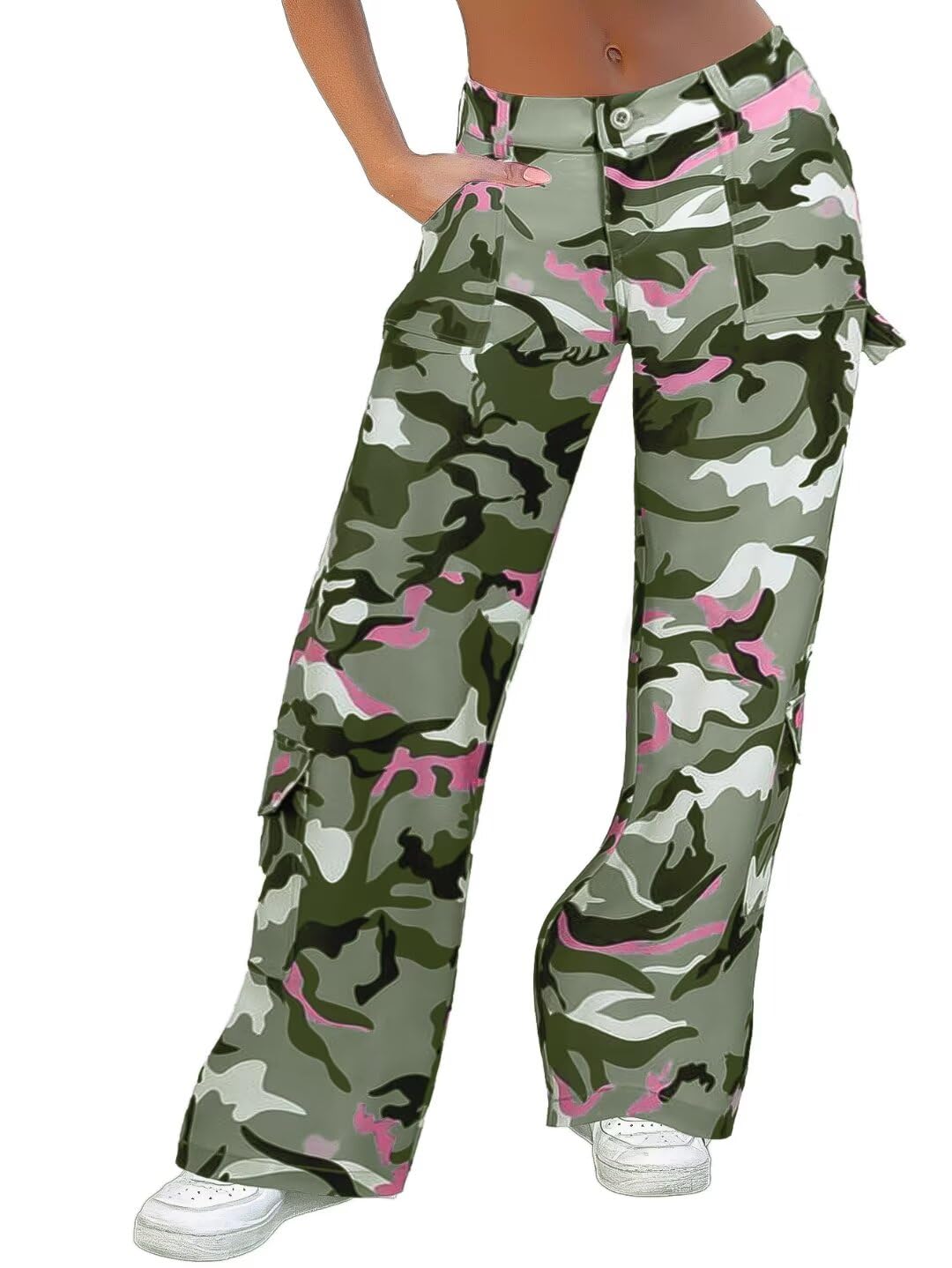 Flamingals Cargo Pants for Women Baggy Wide Leg Mid Waist Causal Y2K Pants with Pockets