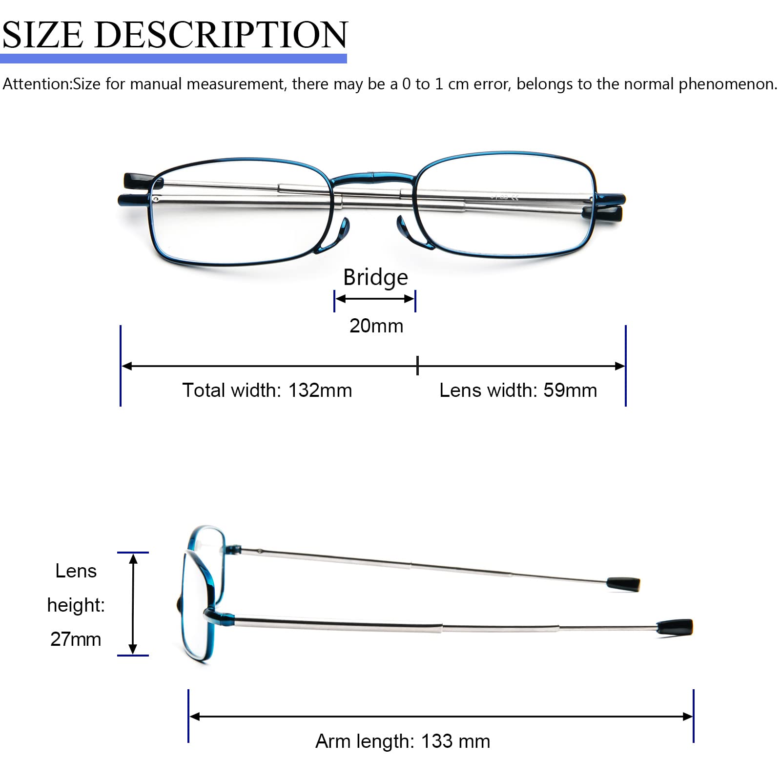 MMOWW Filtro de Luz Azul Gafas de Lectura Plegables Para Hombres y Mujeres con Varillas Telescópicas con Estuche Portátil (Azul, +2.0)