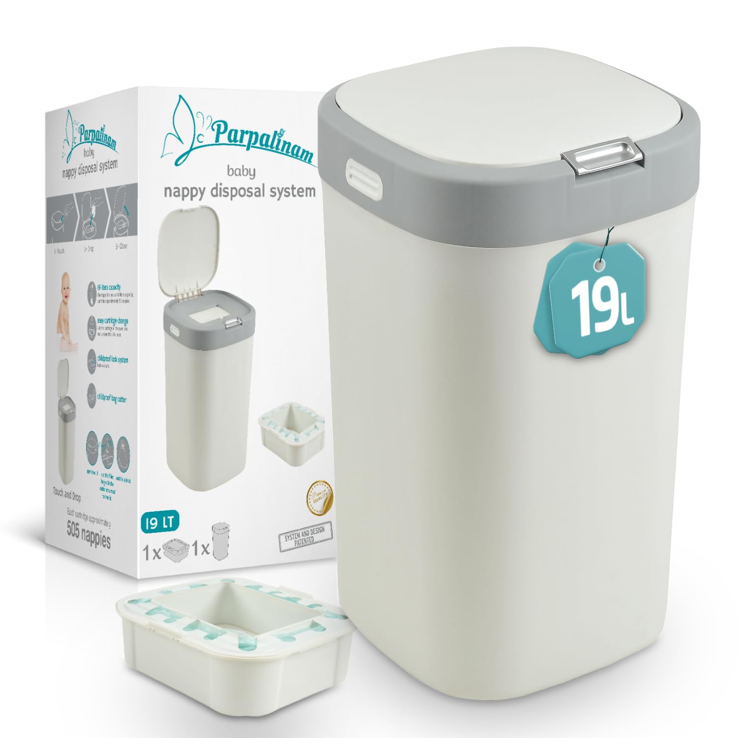Pattumiera per pannolini, 19 l, inodore con sistema a sacchetto, coperchio touch di sicurezza per bambini, facile cambio cassetta, antibatterico, con 1 cassetta di ricarica