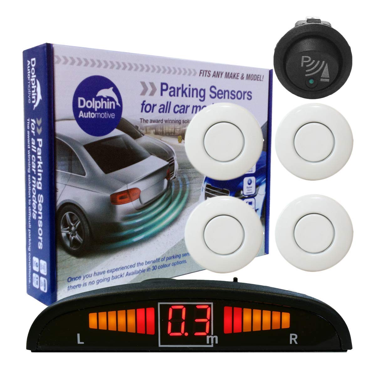 Dolphin DPS450F Parksensoren vorne in 32 Farben 4 Ultraschall-Radarsensoren Kit Audio & Display Alert System matt & glänzend schwarz + 30 weitere Farben (weiß)