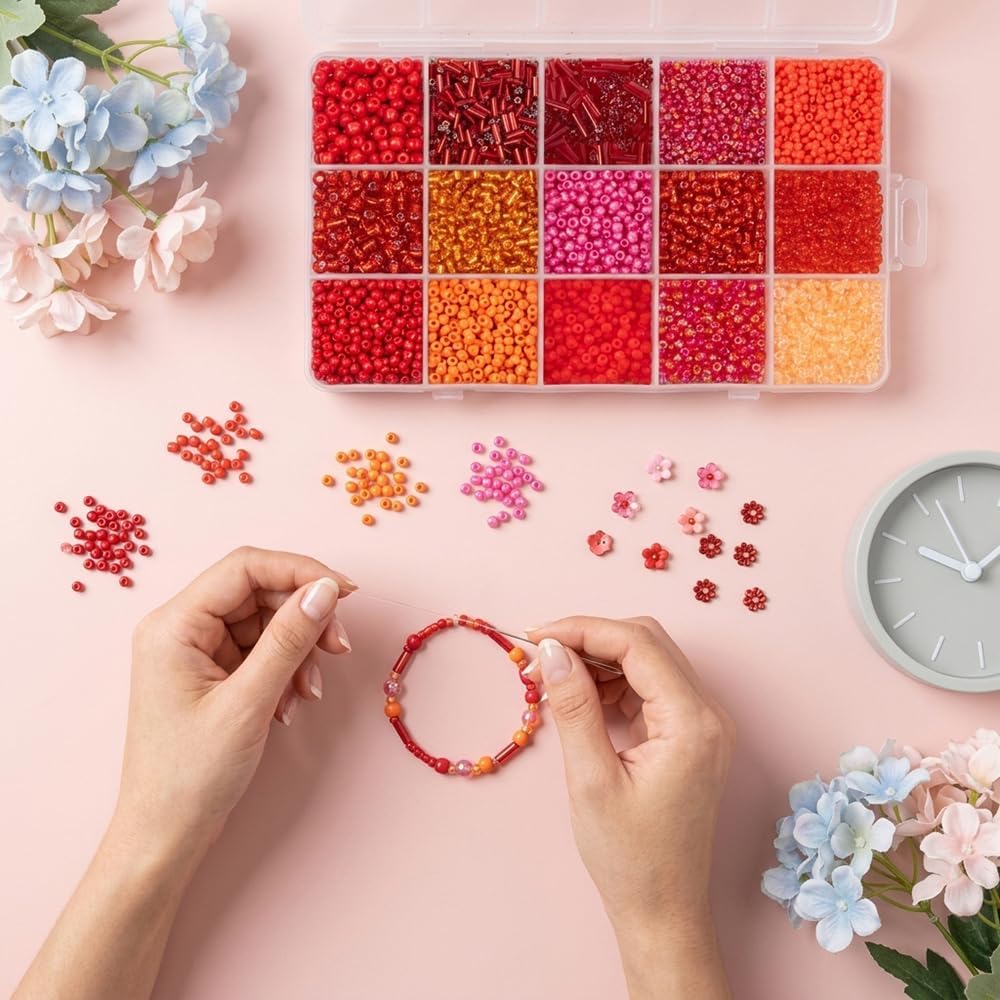 Mix 15 Color Tube Beads Kit with Storage Box, Red Series Glass Seed Beads, Loose Spacer Bead for Bracelet Necklace Jewelry Making DIY Craft Beading
