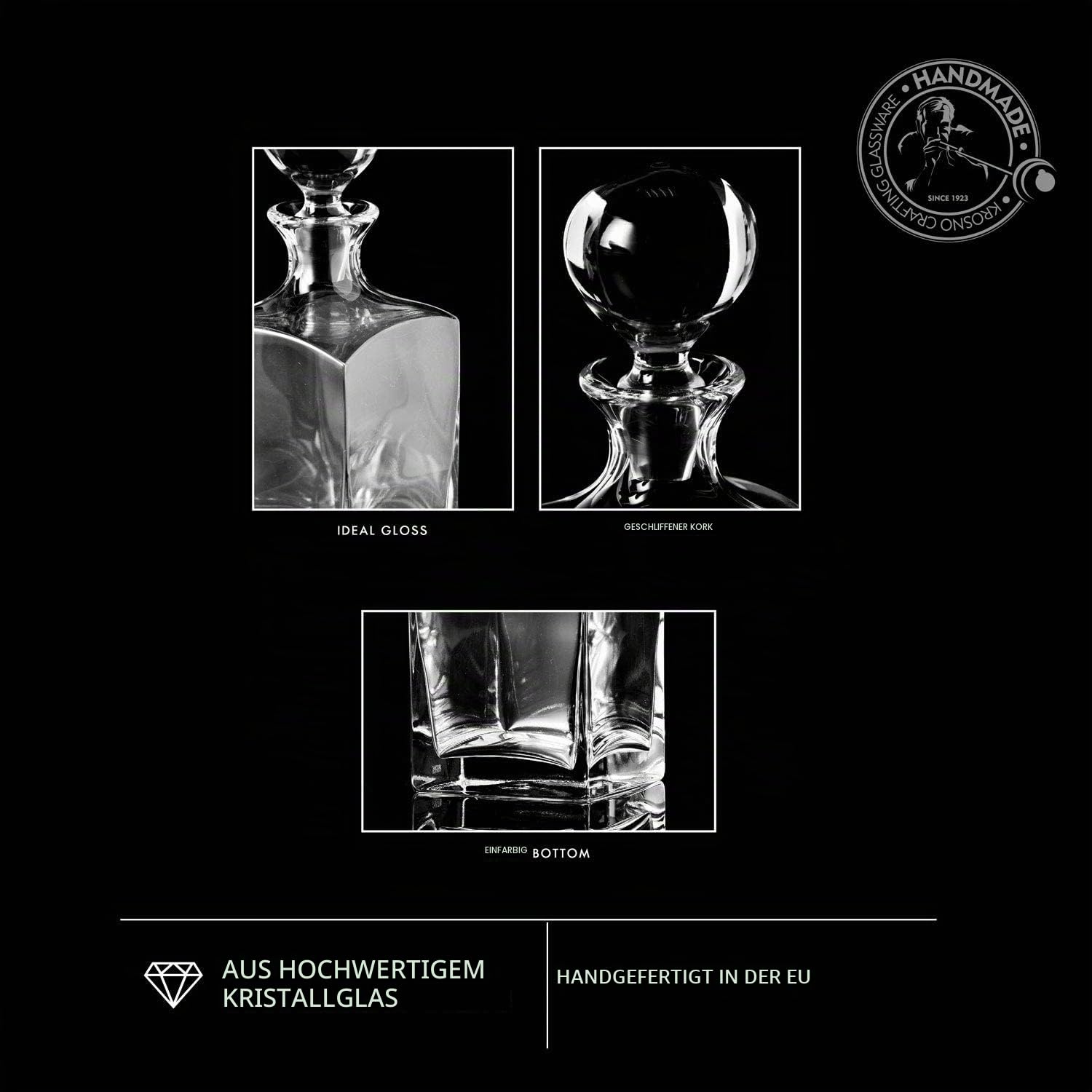KROSNO Whiskey Karaffe, 1000 ml, Caro Kollektion | Dekanter, Karaffe mit Stopper, Bleifreies Kristallglas mit Stopfen zur Aromabewahrung, Brandyglas & Wasserflasche