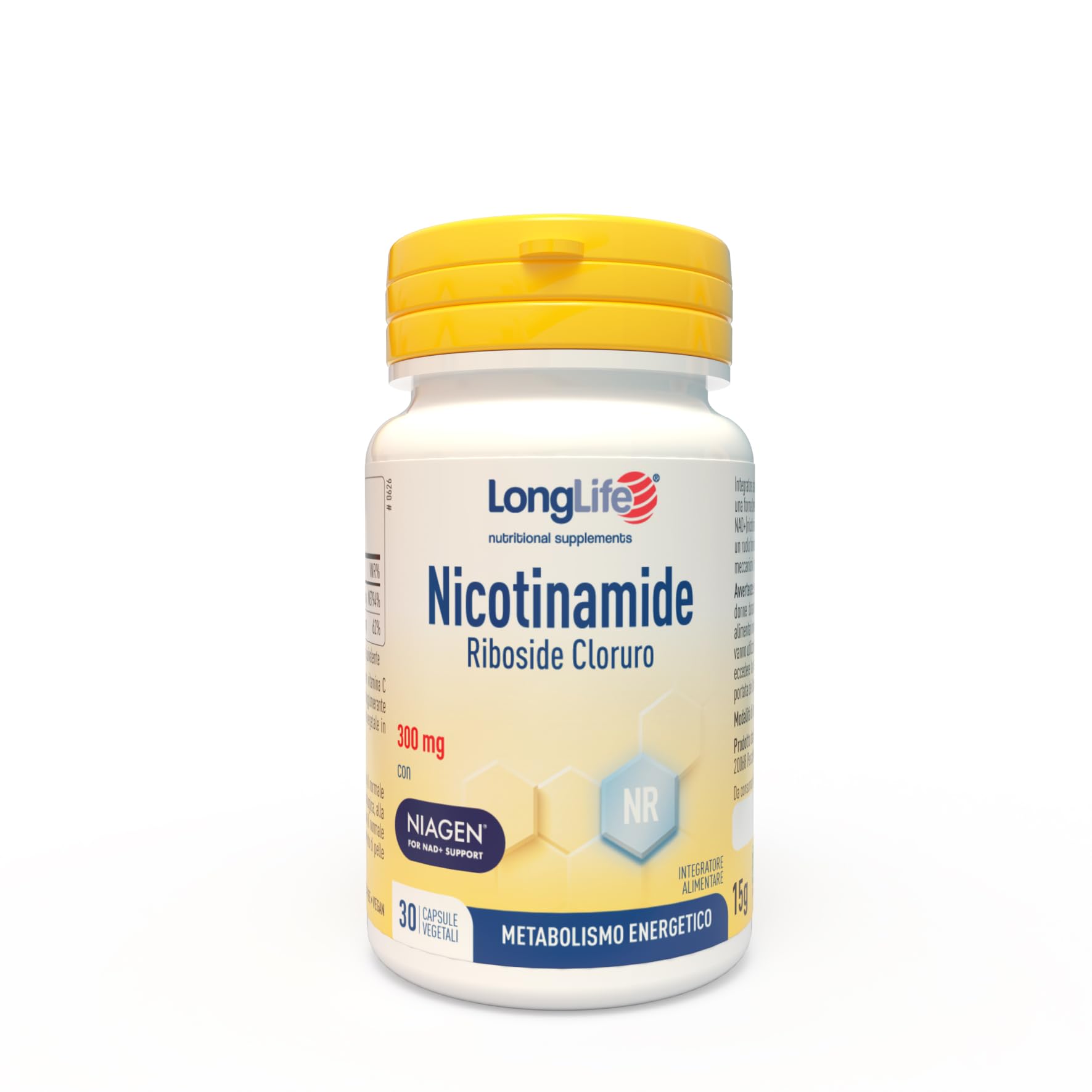 LongLife® Nicotinamide Riboside Cloruro | 300mg Niagen® | Precursore NAD+ | Con vitamina C | 1 mese di trattamento | Vegano e senza glutine