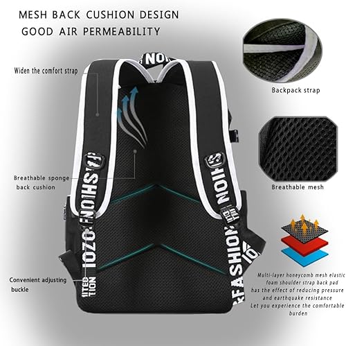 Miniatura 6 de Mochila luminosa para niños, mochila para laptop de 15.6 pulgadas con puerto de carga USB, negro y blanco, Mochila luminosa