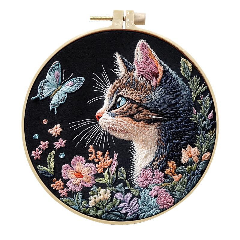artcici 刺繍キット中級者向けのカラフルな動物の花のパターン大人、フルレンジ中級刺繍キットクロスステッチニードルワーク用品 (猫のバタフライ)