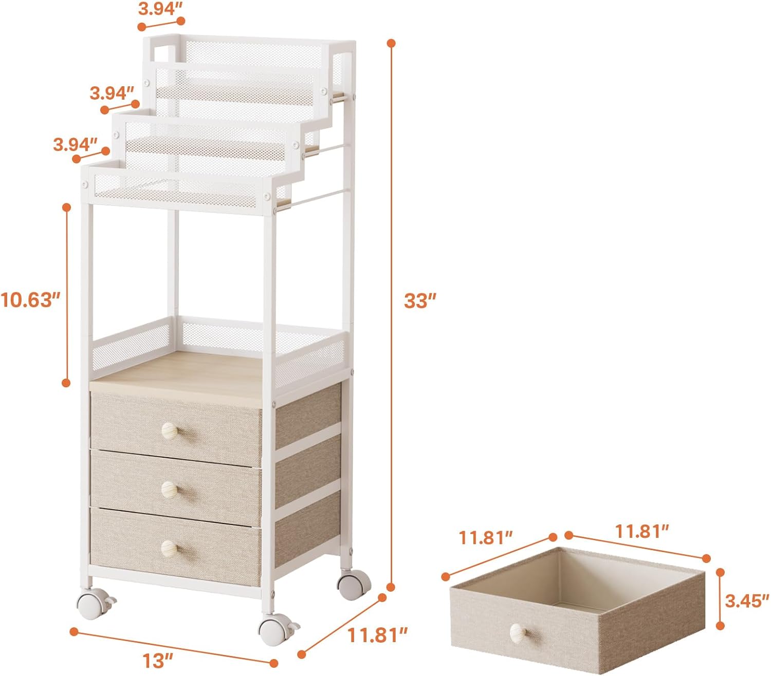 Makeup Organizer Storage Cart with Drawers, 13 Inch Large Rolling Skincare Organizer Cart, 3-Tier Vanity Organizer Stand for Cosmetics, Nail Polish, Perfume, Bathroom and Bedroom, White