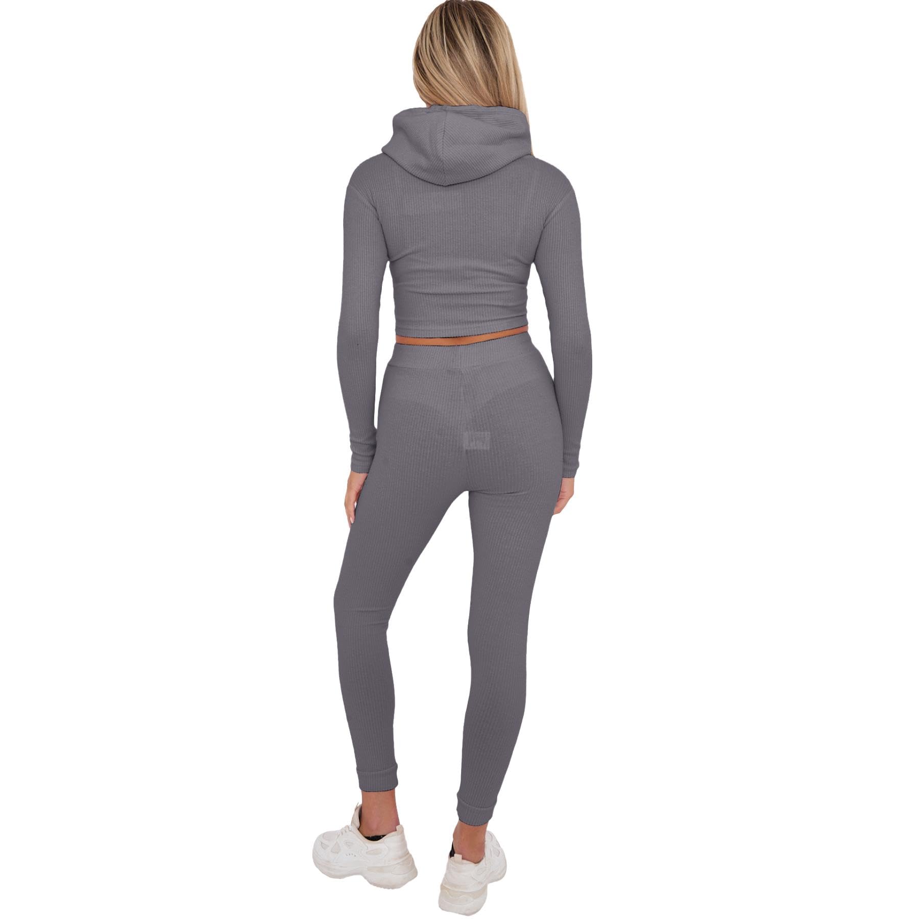 Set coordinato a coste da donna, set casual da salotto da donna UK con top corto con zip e leggings a vita alta con coulisse in vita, set da palestra, tute da donna per corsa e ciclismo
