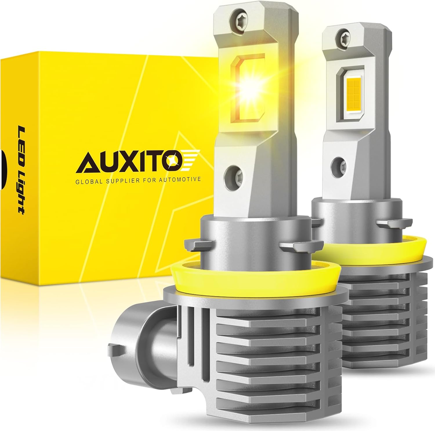 AUXITO H11/H8/H16 Yellow LED Fog Light Bulbs, 800% Brightness 3000K Amber Yellow Driving Fog lights, 1:1 Mini Size Front Fog Lamps, Non-polarity, Play and Plug (Pack of 2)