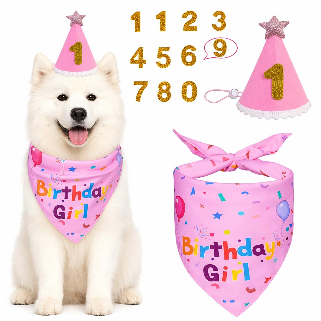 Dog Birthday Bandana Set 12 PCS Polyester Pet Party Hat Glitter (Pink)