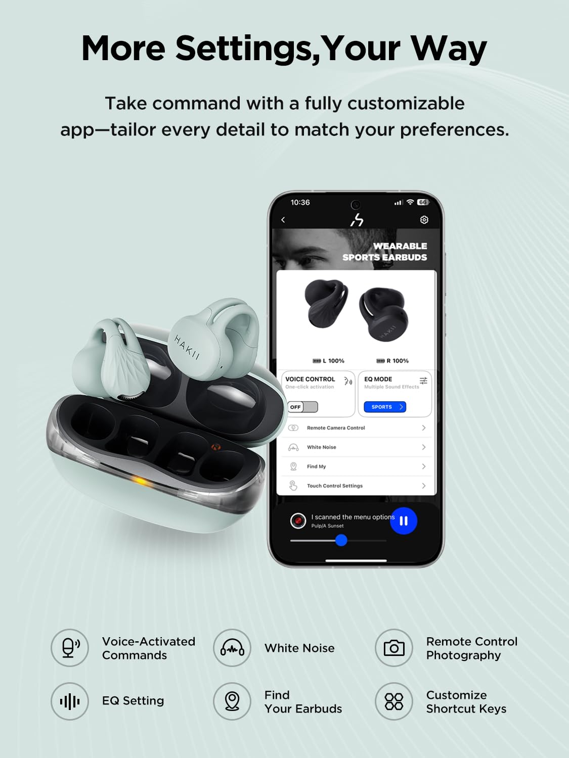 HAKII Auricolari senza fili, auricolari senza fili, Bluetooth 5.4, ergonomici, con clip, con suono stereo/ENC, cuffie aperte con controllo touch, cuffie impermeabili IPX5, per sport, fitness
