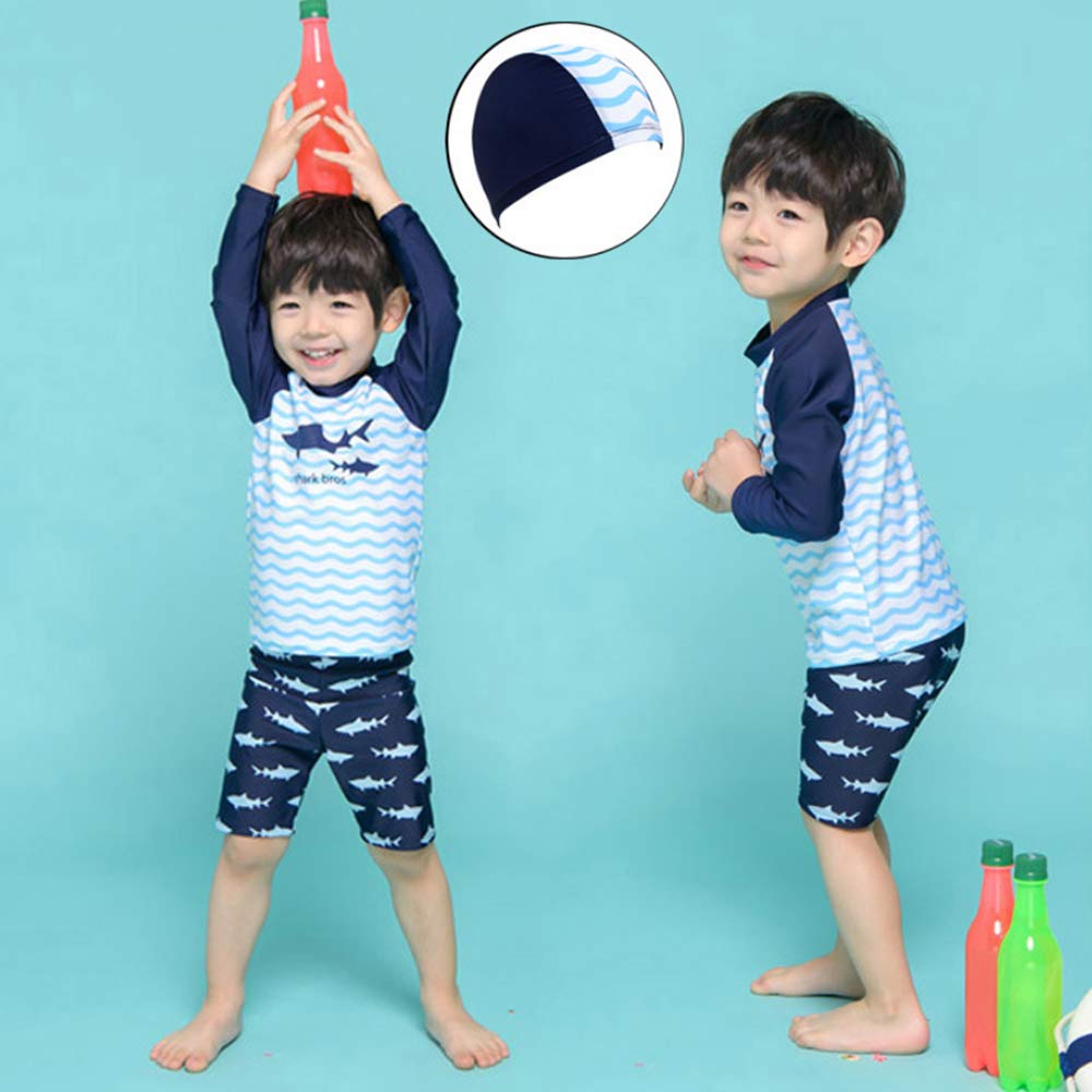 Garçons Maillots de Bain 2 Pièces T-Shirt Manches Longues + Short de Bain avec Bonnet Costume de Natation Anti-UV 2-10 Ans (9-10 Ans, Bleu-A)