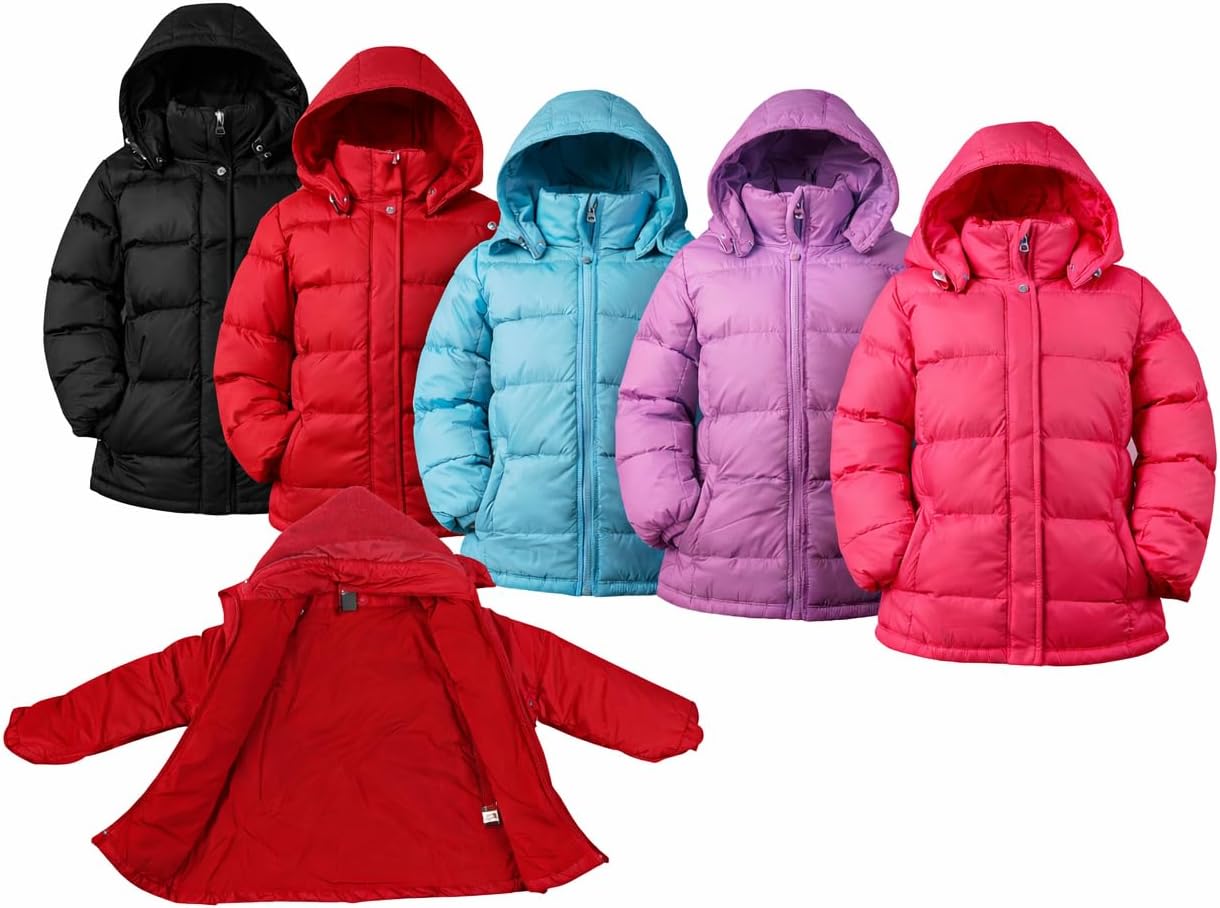 Revess Girls Fleece-Lined Hooded Puffer Jacket- Quilted Coat, 6-Pack Assorted Colors, Sizes (4-7)
