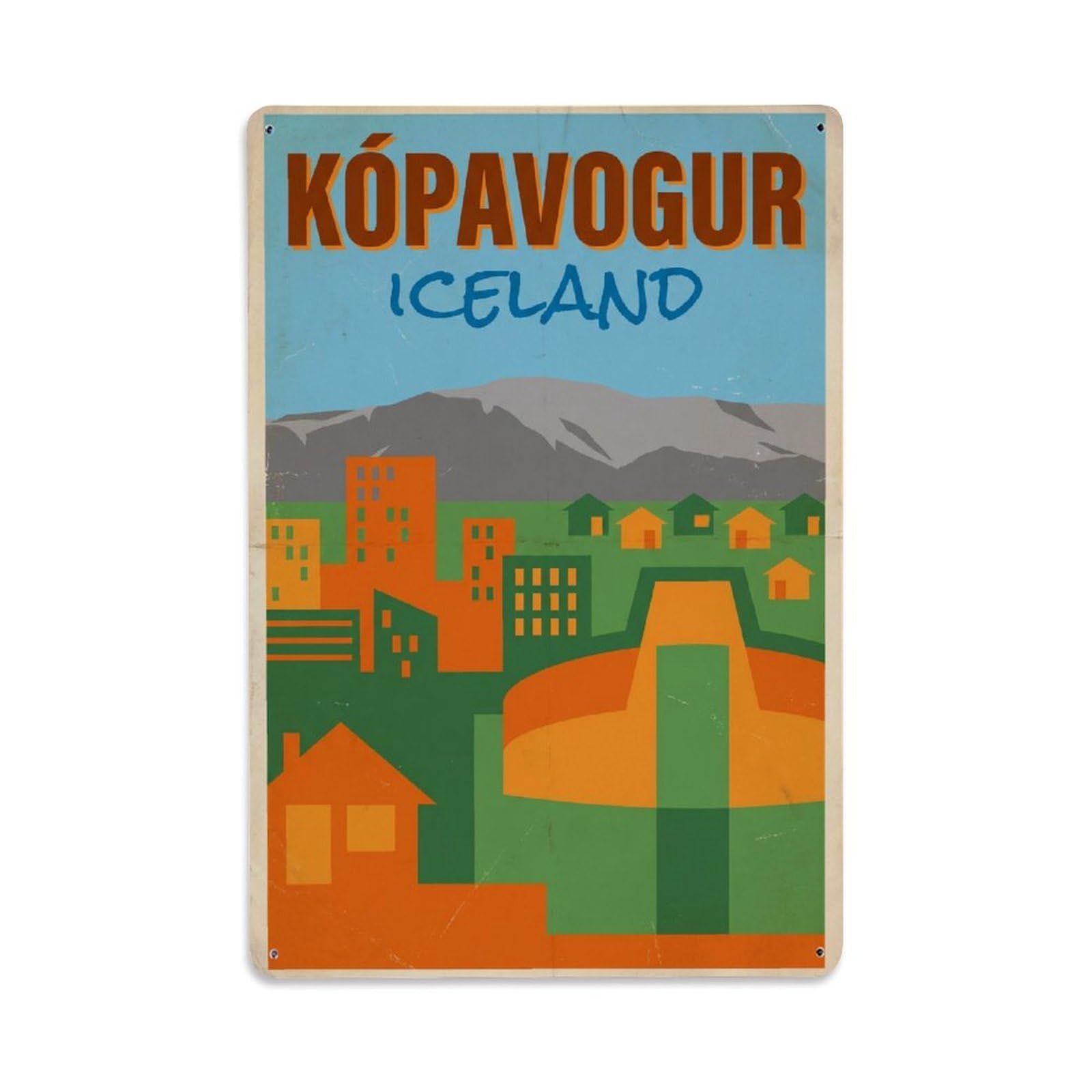 Gead 8X12inch Style Vintage Travel Kopavogur Iceland City Metal Tin Sign