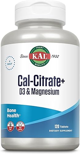 KAL Cal-citrato +, citrato de calcio más vitamina D-3 y 500 mg de magnesio, soporte saludable para huesos y dientes, sin gluten y verificado en