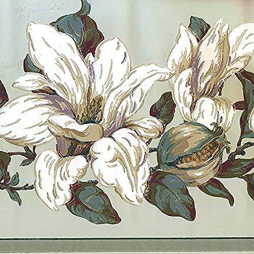 CONCORD WALLCOVERINGS–Wallpaper Border Floral Pattern Flowers Buds Leaves for Cottage Farmhouse Trailer House Colors White Green Blue Size 10 Inches by 15 Feet MV2911B