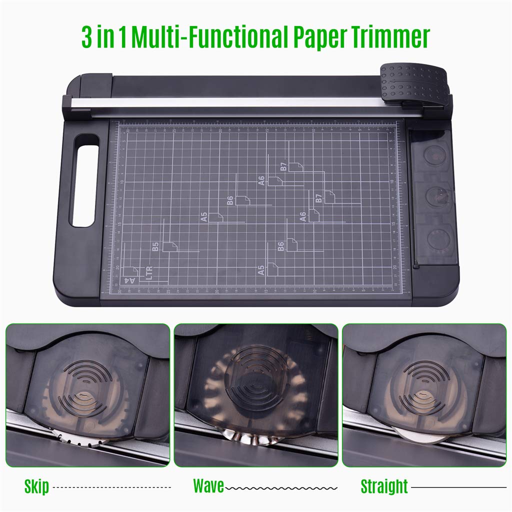 Taglierina per carta, taglierina per carta A4, 3-in-1 Paper Trimmer, Multi-Functional A4 Paper Cutter with 12.6 Inch Cut Length, Straight Skip Wave Cutter for Photo Handcraft Project Label Cutting