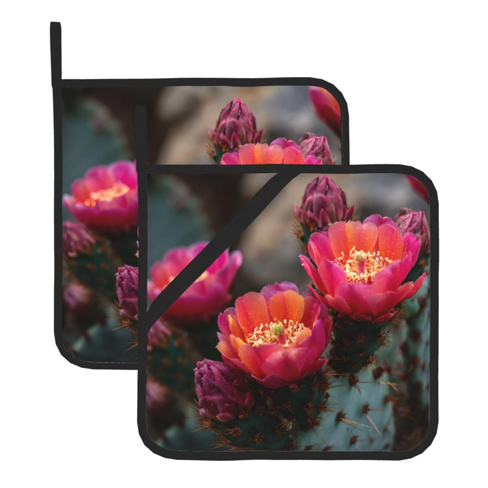 (Cactus Blooming) Oven Hot Pads Set of 2 Heat Resistant Pot Holders for Kitchen Cooking Baking BBQ