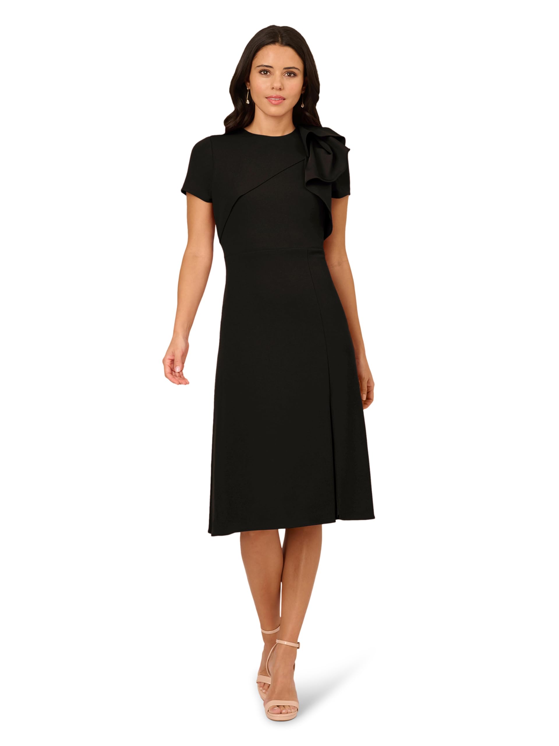 Women's Short Sleeve Crepe Midi Dress with Ruffle Shoulder