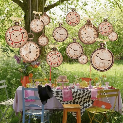 Epakh 20 Pcs Vintage Clock Cardboard Hanging Banner Wonderland Tea Party Decoration Wonderland Clock Garland Decoration Background for Birthday Baby Shower Party Supplies Girls Princesses