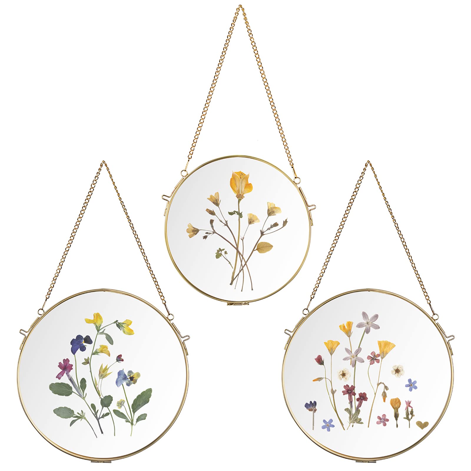 JUXYES Set of 3 Round Brass Wall Hanging Photo Frame, Golden Glass Hanging Picture Artwork Display Frame, Double Glass Floating Frame Style Gallery Wall Display Frame for Photo Picture Poster etc