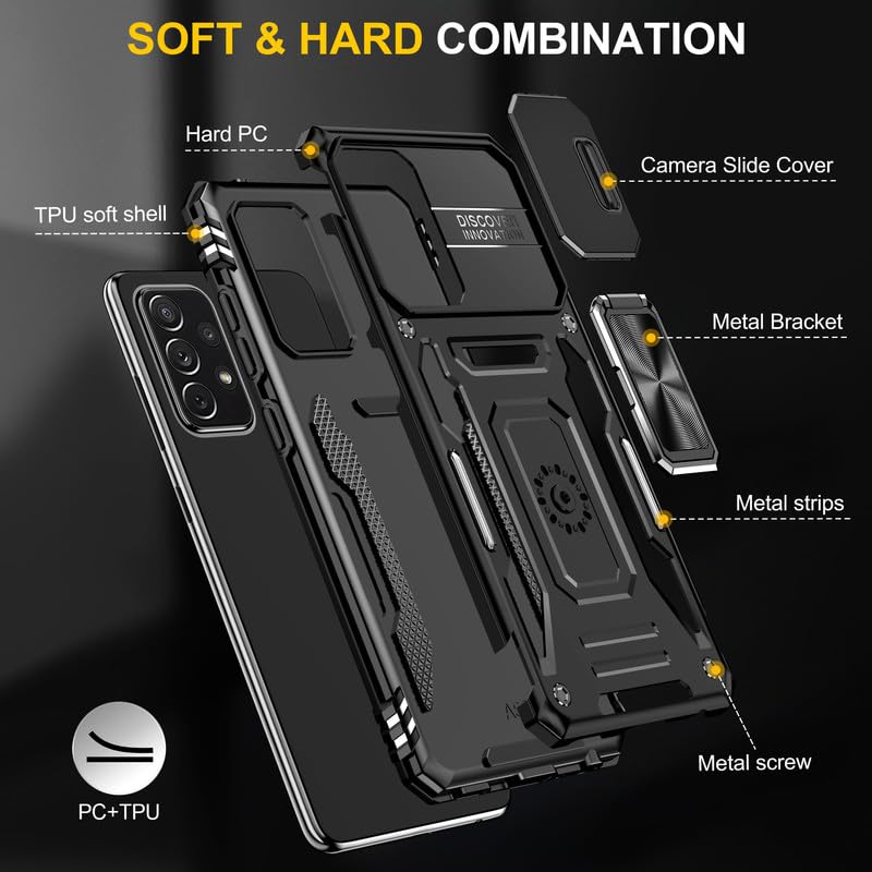 Image of Heavy Duty Armor Case for Samsung Galaxy A52 / A52s Ring Holder Camera Slider Heavy Protection Shockproof Back Case Cover for Samsung Galaxy A52 / A52s - Black