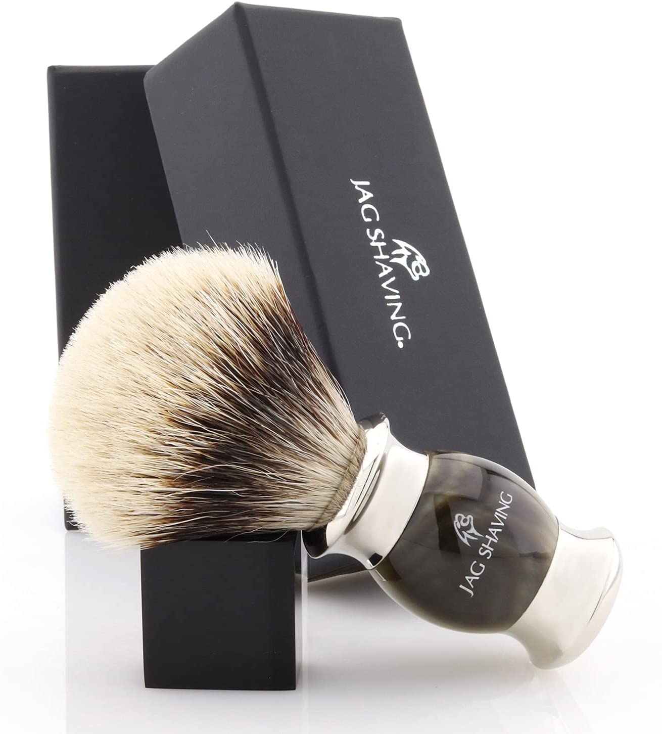 Jag Shaving Rasierset – 3-teiliges Rasierset – Jag's Lee Range – Silberspitz Dachshaar Rasierpinsel – 5 Rasierklingen Rasierhobel – Rasierständer – Grüne Hornimitation