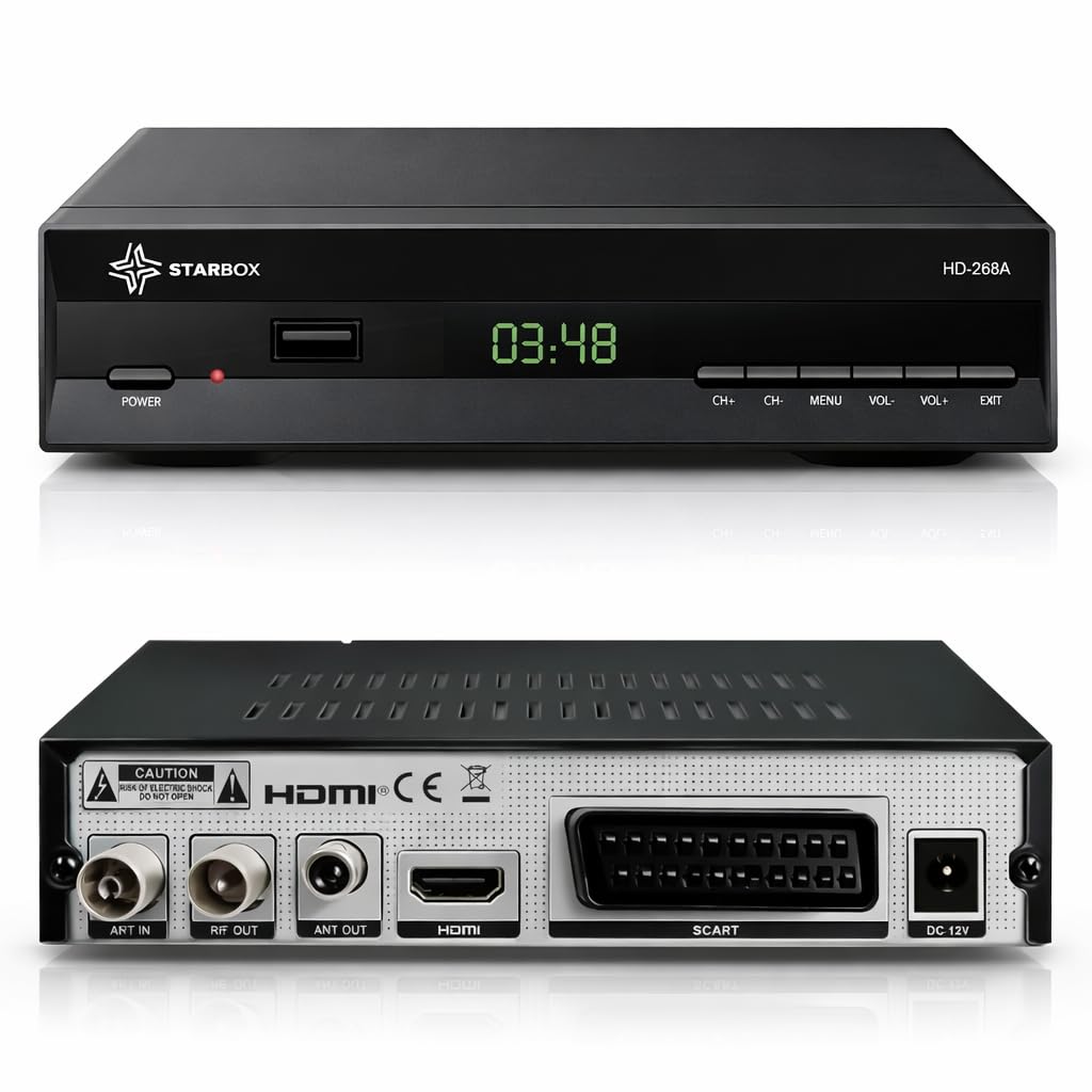 STARBOX HD-268A – Décodeur TNT DVB-T2 Full HD 1080p H.265 (HEVC), HDMI/USB/Péritel, Télécommande Universelle 2-en-1 – Antenne TNT Terrestre Uniquement (Non Compatible Satellite/Parabole)
