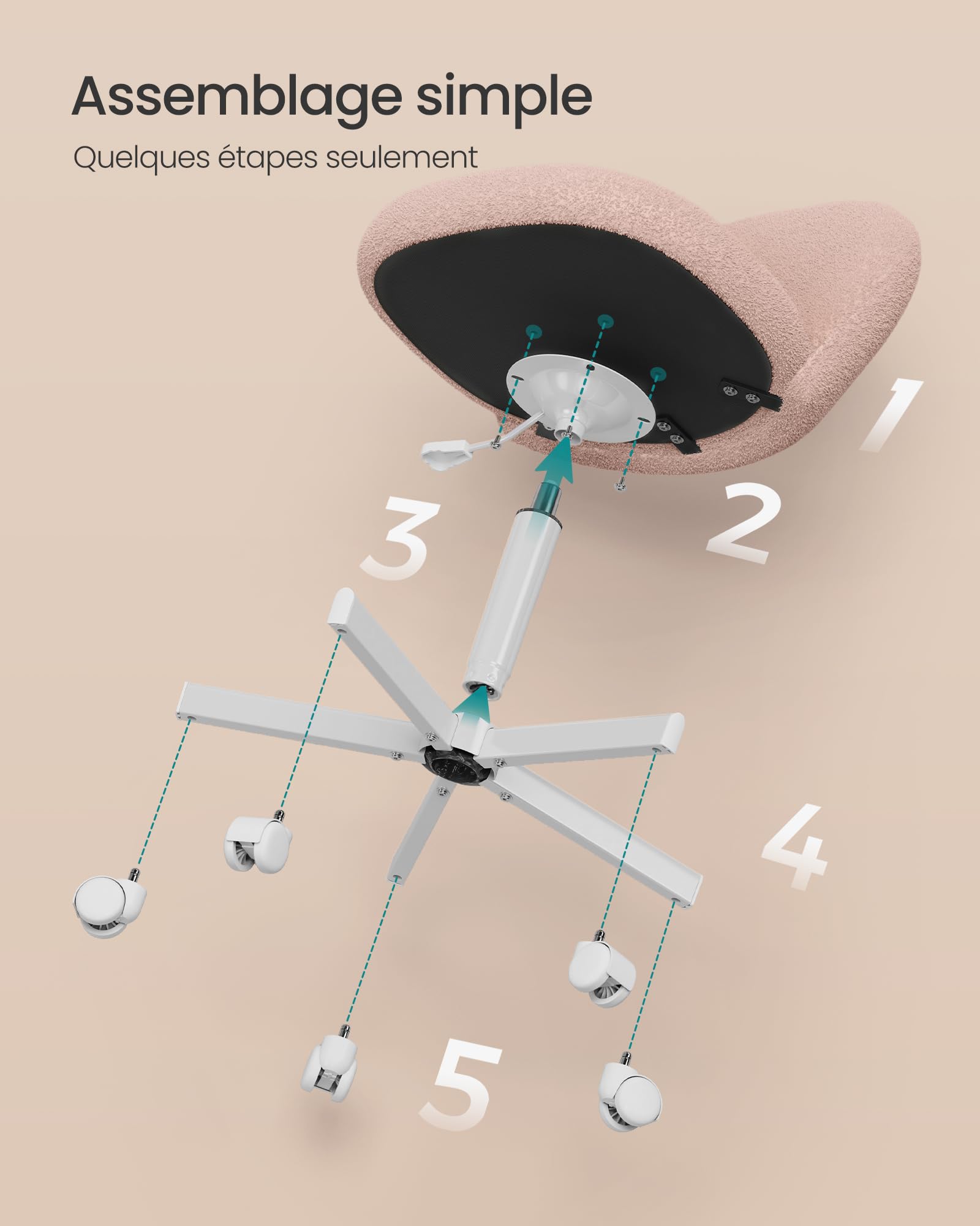 SONGMICS Chaise de Bureau, Chaise Coiffeuse en Tissu Peluche, Fauteuil avec Rembourrage en Mousse, Hauteur Réglable, pour Bureau, Chambre, Dressing, Rose Bonbon OBG027SA01