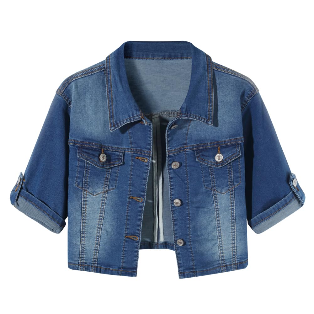 Women Short Sleeve Denim Jacket Button Down Shawl Stretch Denim Jean Jacket