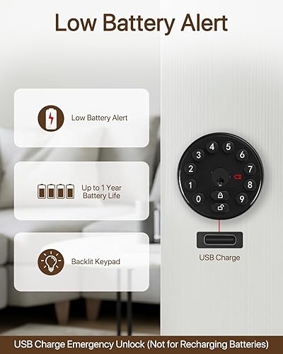 Miniatura 6 de Cerradura de cerrojo digital, perilla de puerta de entrada sin llave con teclado, perilla de puerta con código, bloqueo automático, 100 códigos,