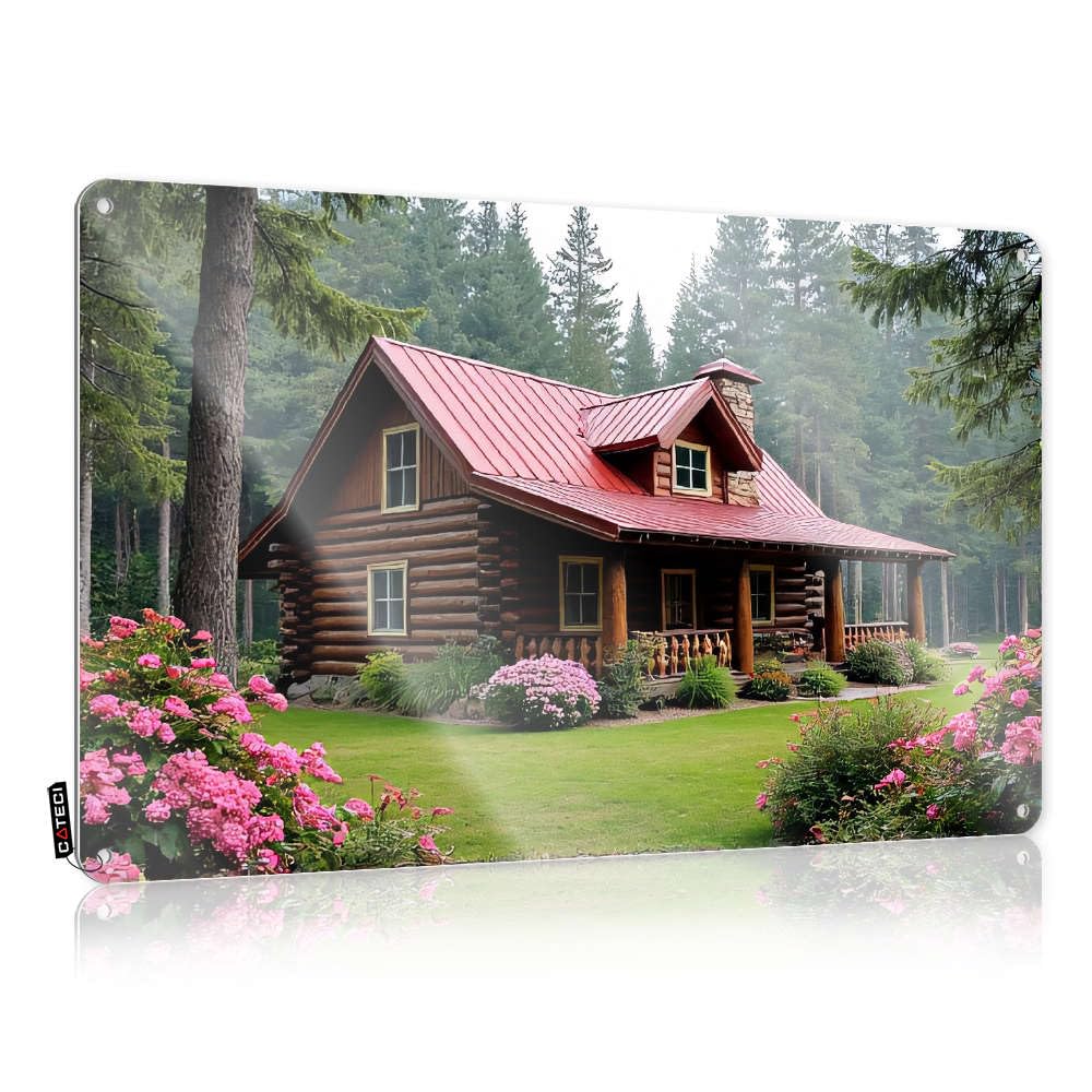 A Cozy Log Cabin Nestled In A Lush, Flower-filled Garden. Presents Premium - Prints Matal Sign Wall Art Decoration(30X40CM)