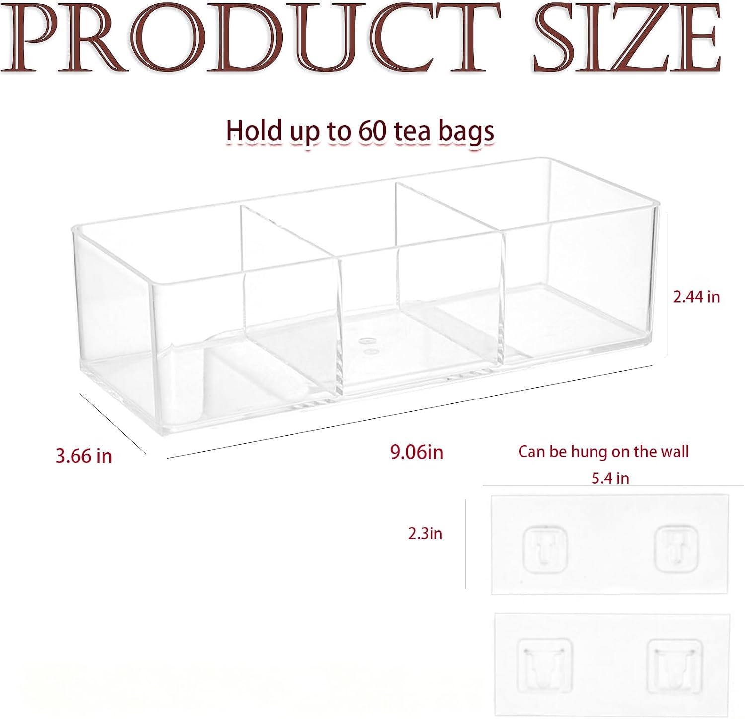 Tea Bag Organizer Holds 60 Bags, 3 Compartments Clear Acrylic, Wall Mount or Countertop Tea Bag Holder for Cabinet Door, Kitchen Pantry and Desk Storage, Tea Caddy with Adhesive Hooks