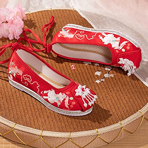 Spring Women Flats Beads Embroidered Cloth Shoes Female Hanfu Shoes Woman (Color : Red, Size : 9 Code) (Red 6 Code)2