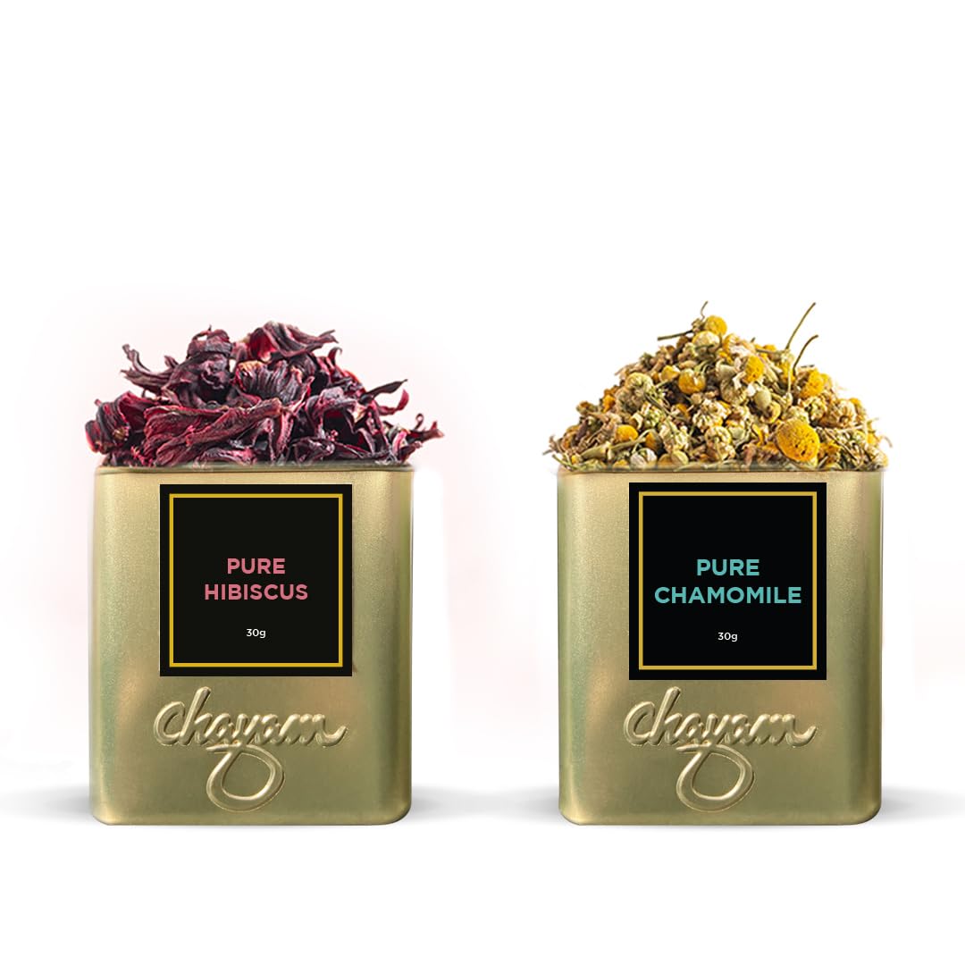 CHAYAMSoothing Chamomile & Hibiscus Tea Set 30g/1.1oz Each | Pure Organic Hibiscus & Chamomile Combo in Tin box | Relaxing Chamomile & Refreshing Hibiscus Green Tea - Combo Tea Set