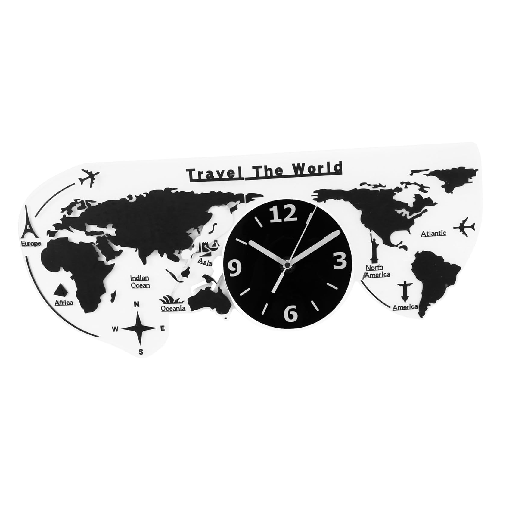 Horloge murale grand format salon et bureau carte du monde 3D