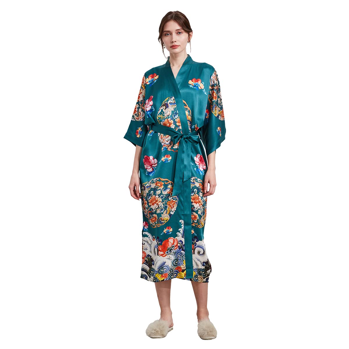 100% Mulberry Silk Long Robe Kimono Floral Print Bath Robe, Heavy Silk 19 Momme Dressing Gown