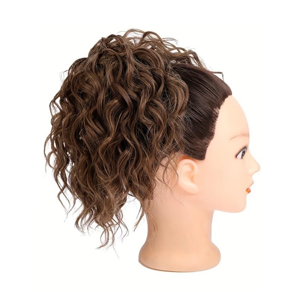 QRSTUVXZY Synthetic Drawstring Chignon Messy Curlys Hair Bun Scrunchies Extensions Black Brown Curly Wavy Bun Ponytail Wig(Brown)