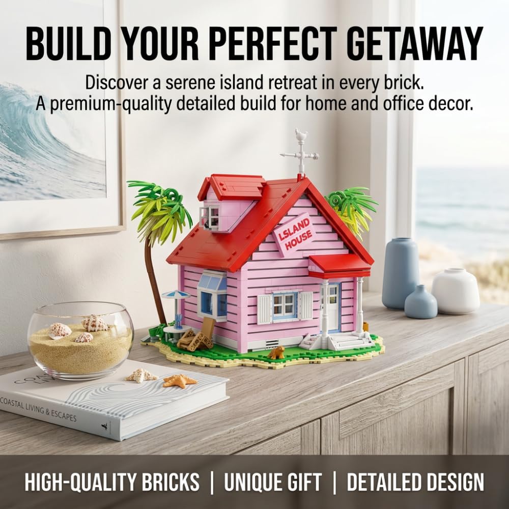 Casa Tropical de la Isla Tortuga | 1434 Piezas | Modelo de Bloques de Construcción | Villa Rosa de Colección | Decoración para Escritorio y Regalo para Fans de Anime