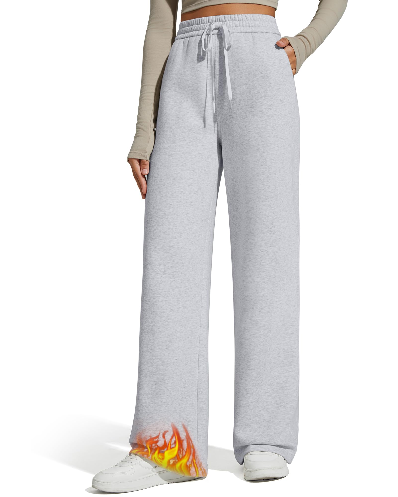 Flurrylux Fleece Lined Sweatpants Women Cotton Thermal Warm Wide Leg Pants with Pockets, Light Heather, Small Petite-image-39