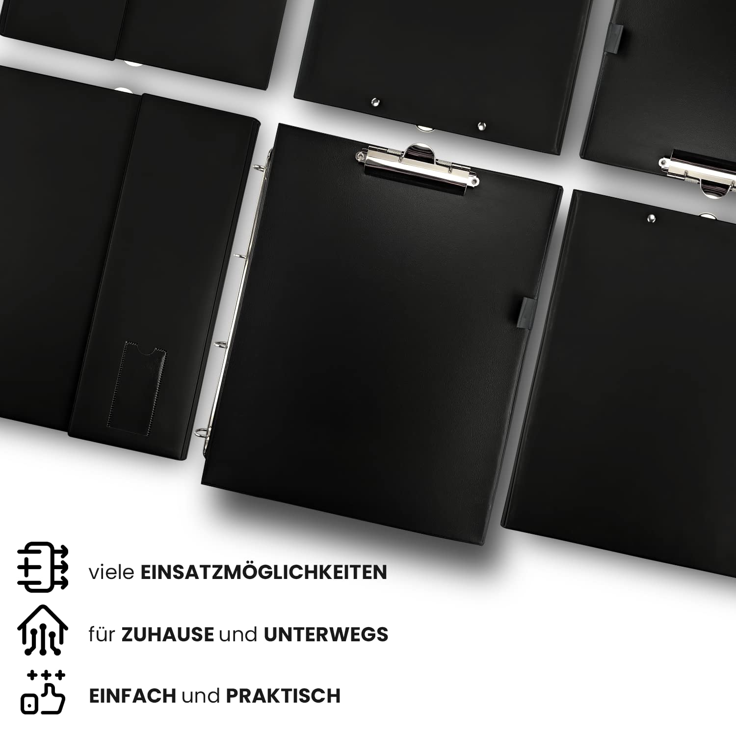 Netuno 1x Dokumentenmappe A4 Schwarz Klemmbrettmappe mit 4 Ring-Mechanik Dokumentenordner Büroordner Briefordner office folder organiser Dokumententasche Aktenmappe Fächermappe Konferenzmappe