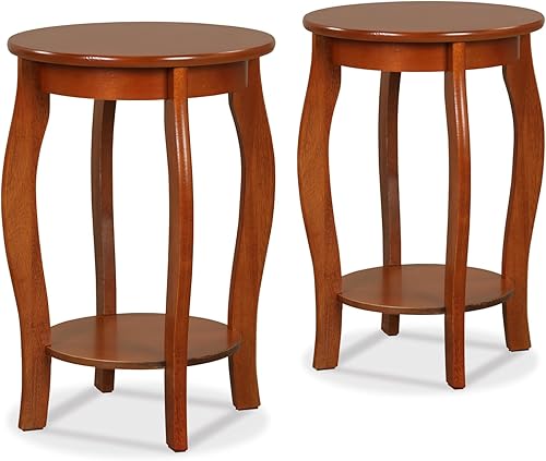 Miniatura 9 de Giantex Round End Table, Wooden Side Table with Storage Shelf, Small Nightstand with Solid Wood Legs, 2-Tier Accent Table for Living Room Bedroom