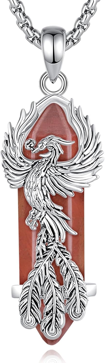 AEONSLOVE Dragon & Phoenix Necklace with Healing Crystal – Amethyst/Obsidian/Turquoise/Lapis Lazuli/Malachite/Clear Quartz/Rose Quartz/Carnelian Crystal Jewelry Gifts for Women Men