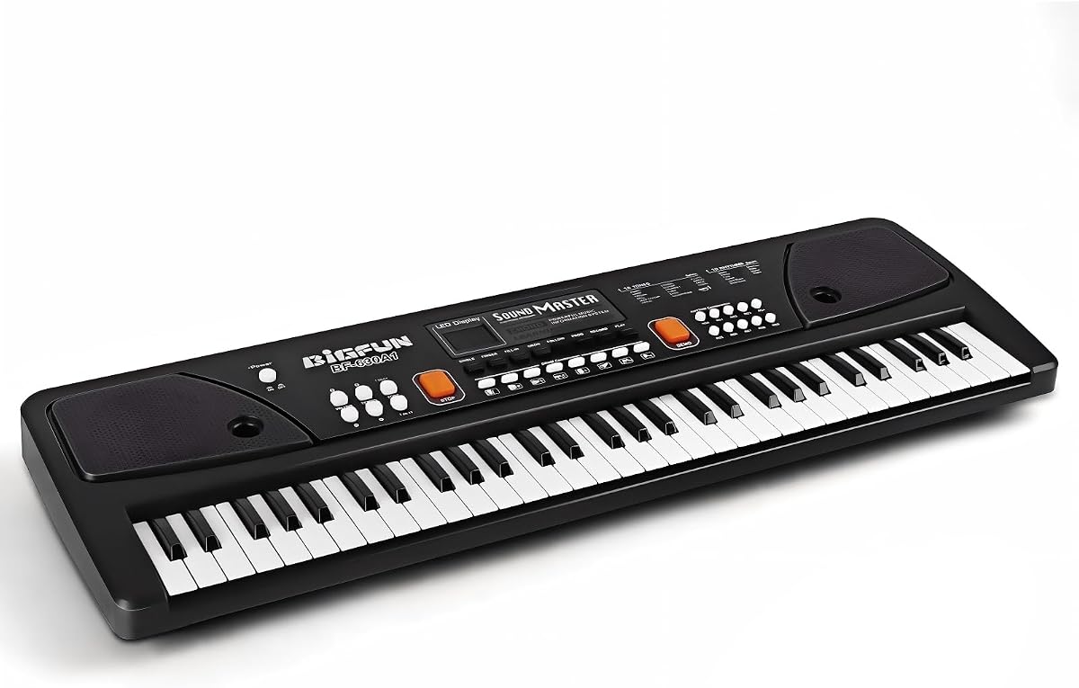Teclado de piano de 61 teclas con micrófono, piano eléctrico, negro | Pantalla LED, 16 tonos, 10 ritmos, 8 sonidos de percusión, grabación y reproducción, alimentación por USB, regalo inicial para niños principiantes